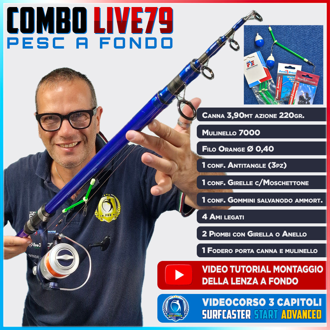 Combo Pesca Completa con Canna, Mulinello, Kit per Lenza e Videocorso 79TT