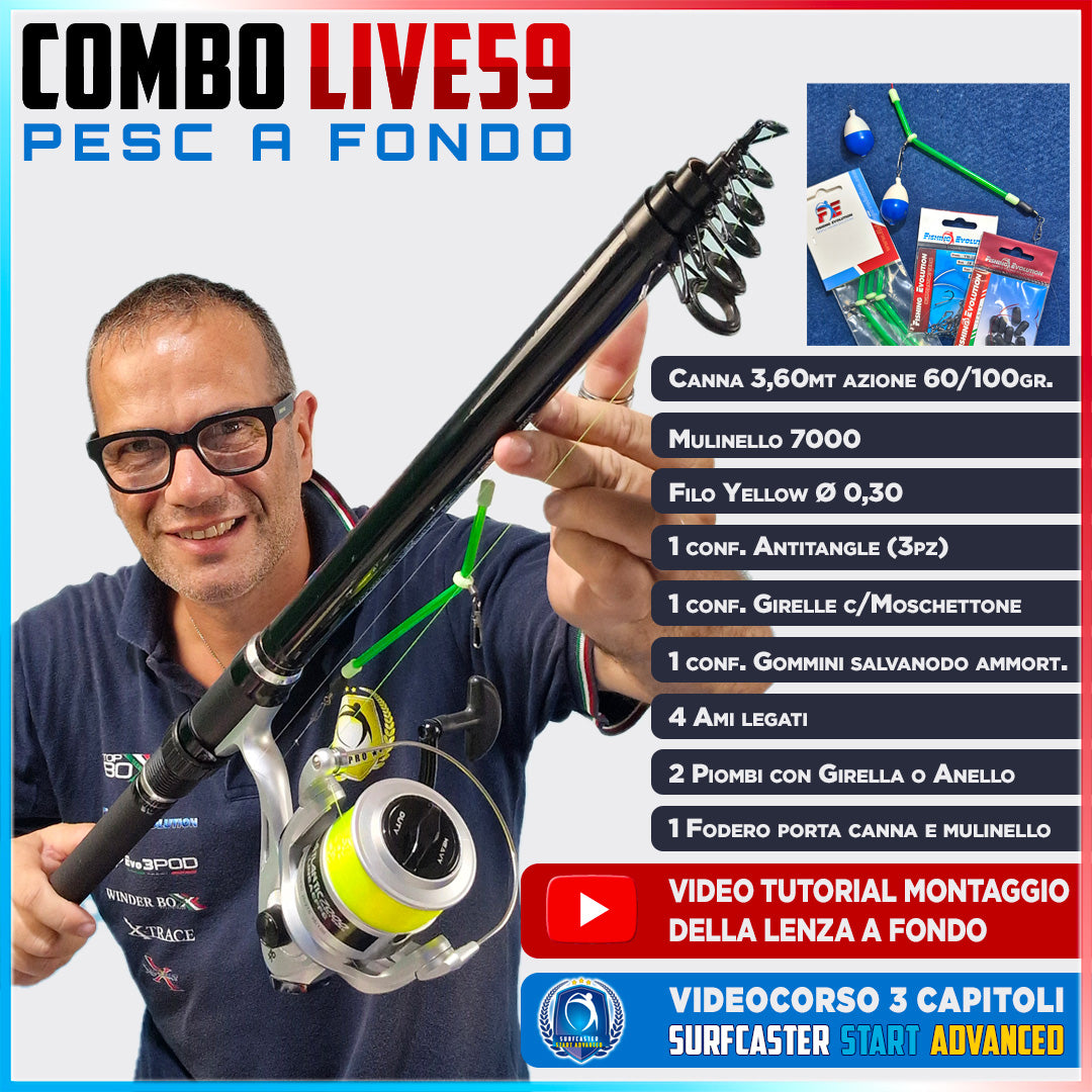 Combo Pesca Completa con Canna, Mulinello, Kit per Lenza e Videocorso 59TT